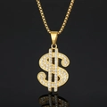 Collar de signo de dólar dorado hip hop con circonitas sobre cadena de caja - Pendant Only (Without Chain)