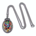 Religious Thangka pendant in silver finish with vintage scroll edges and wheat chain - Green Wealth God / Green God of Wealth With Chain