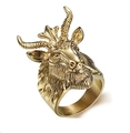 Classic vintage gold-plated stainless steel satanic goat head ring with textured horns - US 7 / Gold