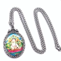 Vintage titanium steel necklace featuring a colorful Buddhist Thangka deity pendant - White Wealth God / White God of Wealth With Chain