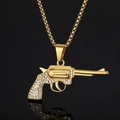 Hip Hop Revolver Anhänger Halskette Gold plattiert mit funkelnden Kristallen - Einzelner Anhänger Gold