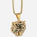Hiphop tijgerkop hanger ketting met groene kristallen ogen en witte strassteentjes - Hanger Zonder Ketting