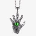 Gothic skull hand pendant necklace with green evil eye stone on silver wheat chain - Pendant Only (No Chain) / Antique Silver + Green Demon Eye
