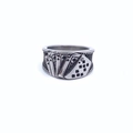 Macro detail of retro titanium steel ring with poker cards relief and side grid texture - US 7 / Playing Card