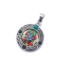 Colgante redondo étnico de acero inoxidable con pintura Thangka colorida y turquesa - Estilo Dios de la Riqueza Verde (Pendant Only (Without Chain))
