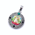 Colgante redondo de acero estilo étnico con pintura Thangka y piedra turquesa - Estilo Dios de la Riqueza Blanco (Pendant Only (Without Chain))