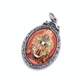 Macro view of oval Thangka pendant featuring silver-tone metal frame with Greek key pattern - Style C-Thangka Buddha / Pendant Only (Without Chain)