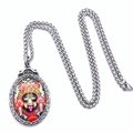 Detailed macro view of the colorful Thangka pendant and the textured silver wheat chain link - Style A-Dharmapala Figure / Pendant With Long Wheat Chain