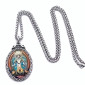 Macro view of oval Thangka pendant with colorful Buddha and vintage metal relief details - Style B-Wrathful Deity / Pendant With Long Wheat Chain