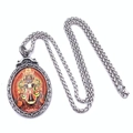 Detail of oval thangka pendant with colorful sacred pattern and silver woven steel chain - Style C-Thangka Buddha / Pendant With Long Wheat Chain