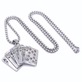 Macro view of Royal Flush poker pendant and box chain in vintage stainless steel - Large Pendant (With 60CM Chain) / 60CM