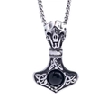 Collar con colgante Martillo de Thor nórdico con calavera y gema negra incrustada - 60CM / Colgante de Piedra Negra / Con Cadena de Caja