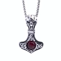 Collar con colgante Martillo de Thor con calavera y piedra roja en cadena plateada - 60CM / Colgante de Piedra Roja / Con Cadena de Caja