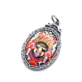 Oval titanium steel necklace with colorful painted Zaki Lhamo Tangka pendant - Style A-Dharmapala Figure / Pendant Only (No Chain)