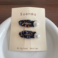 Handmade colorful wool felt BB clips with white pearl accents for girls in a set of two - Black