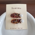 Brown handmade wool felt BB hair clips with large white pearls for girls - Brown