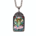 Collar de acero de titanio plateado con colgante Thangka de Tara Verde y cadena de cordón - Colgante Con Cadena Spiga