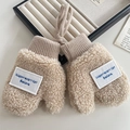 Beige fleece toddler mittens with letter patch and neck lanyard for winter warmth - Khaki