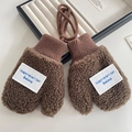 Brown fleece mittens for toddlers with hanging neck strap and letter patch detail - Brown
