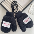 Kids black fleece mittens with letter patch embroidery and neck hanging rope design - Black