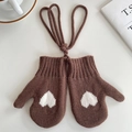 Winter brown knitted mittens with white heart pattern and neck string for children - Coffee
