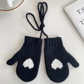 Winter knitted mittens in black with white heart pattern and neck string for kids - Black