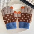 Polka dot knitted children's gloves in brown and blue with orange fingertips - Brown