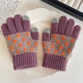 Kids purple and orange knit gloves with touch screen fingertips and polka dot pattern - Purple