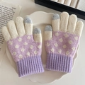 Kids knitted five-finger gloves in purple and cream with touch-screen tips and warm cuffs - White