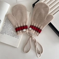 Kids' beige knit mittens with contrast red-brown color block and neck lanyard - Khaki