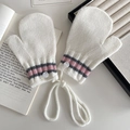 Winter knitted mittens in white for kids featuring pink stripe accents and neck string - White