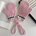 Pink knit mittens for toddlers with neck string and stylish striped ribbed cuffs - Pink