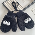 Moufles noires en polaire pour enfants avec yeux cartoon et cordon de cou - Noir