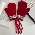 Red knit mittens with neck cord and gray striped wrist detail for kids winter - Red