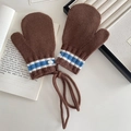 Brown knitted toddler mittens with blue stripes and hanging neck string for winter - Brown