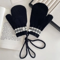 Winter knitted neck-hanging mittens in black with striped cuffs and button detail - Black