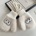White Sherpa fleece cartoon mittens for toddlers featuring big eye motifs and neck string - White