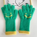 Kids knitted fingerless gloves in bright green with yellow smile face pattern - Green