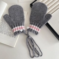 Grey knit mittens for children with pink stripes and neck string for winter warmth - Gray