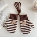 Manoplas de punto para niños de rayas marrones y blancas con parche de oso y cordón - Oso de Rayas