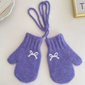 Lavender purple knitted mittens for girls with white bow detail and neck strap - Purple