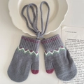 Grey knit winter mittens for children featuring colorful wave patterns and a neck strap - Gray