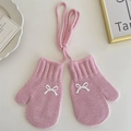 Pink knit gloves for girls with white bow design and adjustable neck lanyard cord - Pink