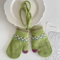 Green knitted mittens with wavy patterns and neck cord for winter cold protection - Green