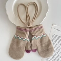 Beige knitted mittens for children with wavy patterns and anti-lost neck strap - Khaki