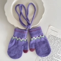 Purple knitted winter mittens for kids with wavy jacquard pattern and hanging string - Purple