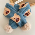 Knitted winter scarf for children in hazy blue with cute bear pattern and beige pom-poms - Blue Bear (42#)