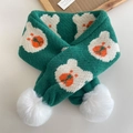 Knitted green kids scarf with cute white bear pattern and fluffy white faux fur pom-poms - Green Bear (43#)