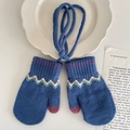 Dark blue knitted toddler mittens with wavy jacquard patterns and a neck strap - Blue