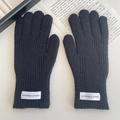 Classic black knitted five-finger gloves for kids with ribbed texture and woven label - Black